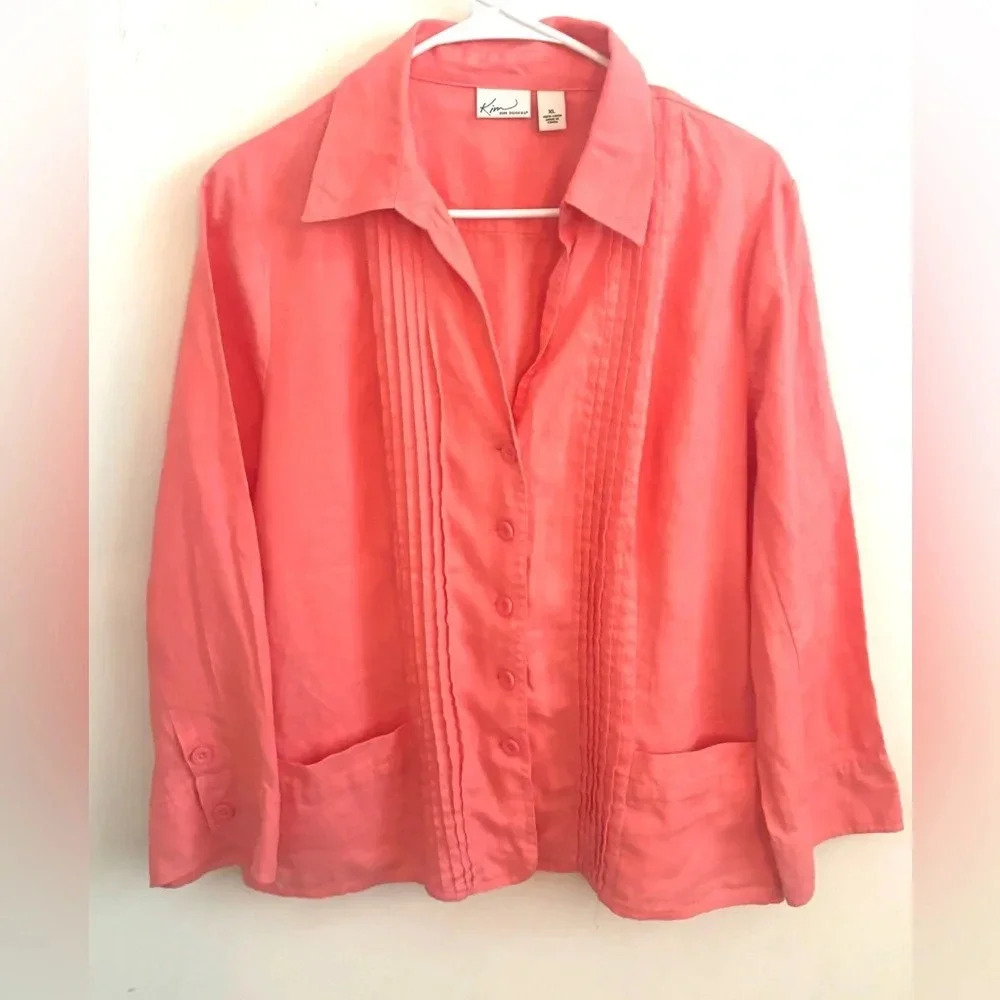 Kim rogers Shirt Womens 100% linen button Up shirt coral orange collared XL